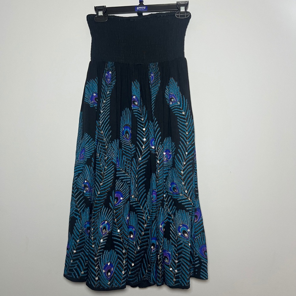 Womens Large Black Peacock Feather Smocked Strapless Sequin Mini Dress Y2K 90's